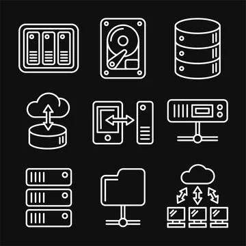Networking File Share and NAS Server Icons Set. Line Style Vector Illustration