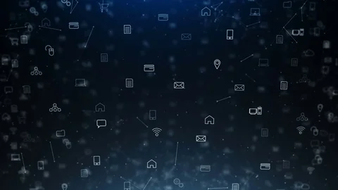 Networking Icons Fly Around Blue Background Stock Footage 77167875