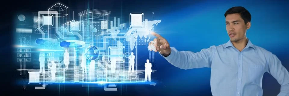 Networking interface and Businessman pointing touching air in front of blue Stock Photos