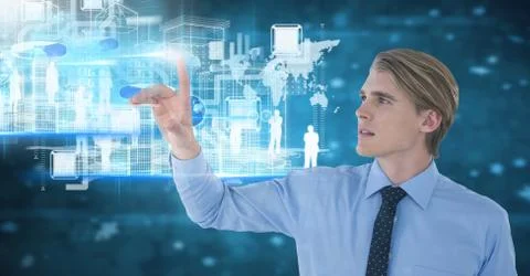 Networking interface and Businessman touching air in front of blue light Stock Photos