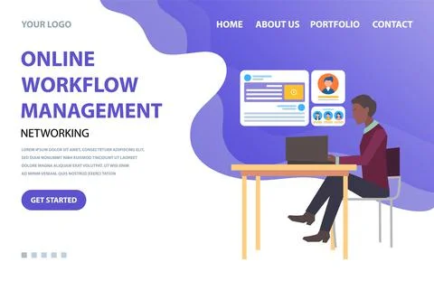 Networking, online workflow management concept. Man works at computer, attracts Illustrazione stock