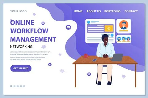 Networking, online workflow management. Man works with attraction of customers Illustrazione stock