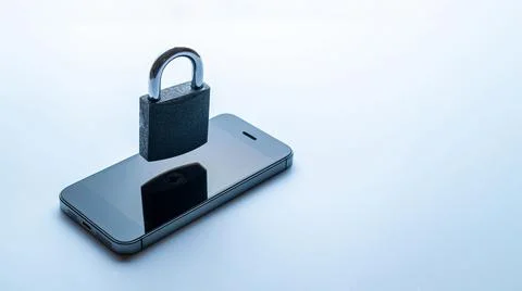 Networking security protection. Modern space grey mobile phone with padlock,  Stock Photos