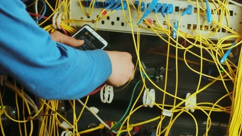 Networking service. network engineer administrator checking server hardware  Stock Footage 132318691