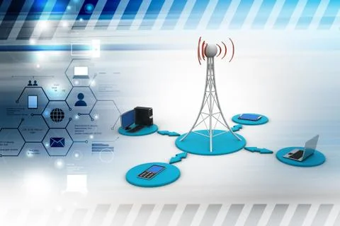 Networking tower with computer network in color background Stock Illustration