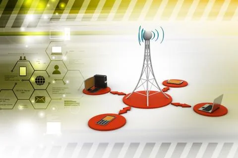 Networking tower with computer network in color background Stock Illustration