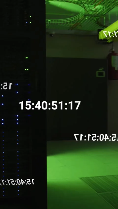 Networks and data processing over green lit, dark computer server room Stock Footage 344011949