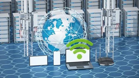 Netzwerk-Server-Konzept mit einer Weltkugel, Empfängern und elektronischen.. Stock-Fotos
