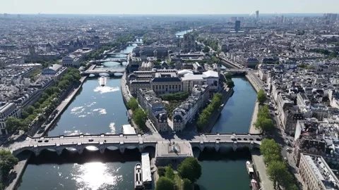 Neuf Bridge At Paris Ile De France France. Bustling Downtown Cityscape With Mode Stock Footage 309516073