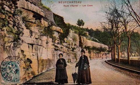 Neufchateau, road to epinal, les crans, postcard 1900 Stock Illustration
