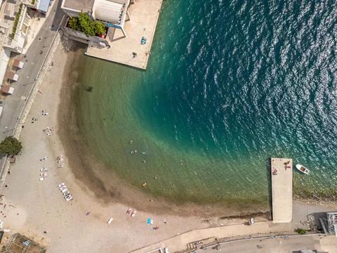 Neum Beach Top Down Drone Photo with People, Boat, Jumping Platform, and Cafe Stock Photos