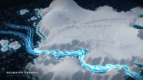 Neumayer Channel 3D White Terrain Relief Map With Glowing Route And Pack Ice Видео 343394803