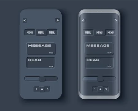 Neumorph UI dark kit on device screen Stock Illustration