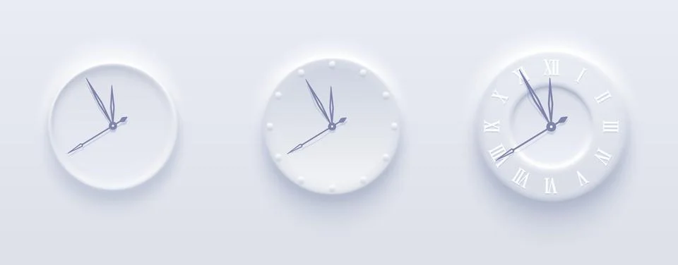 Neumorphic clocks on light background. Three clock faces. Stock Illustration