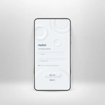 Neumorphic UI kit on smartphone screen. Login and registration form on whit.. Stock Illustration
