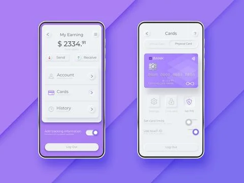 Neumorphic UI kit on smartphone screen. Mobile payment smartphone template... 스톡 일러스트