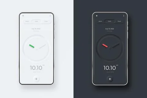 Neumorphic UI kit on smartphone screen. Clock on black and white smartphone.. Stock Illustration