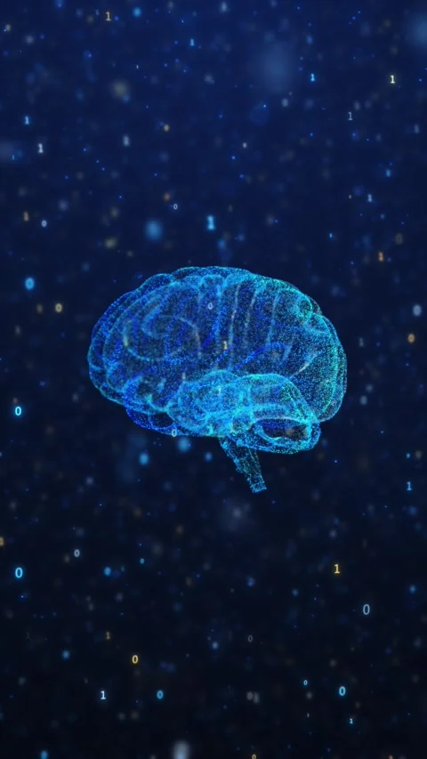 Neural brain intelligence visual with blue particle anatomy, floating code numbe Stock Footage 340552876