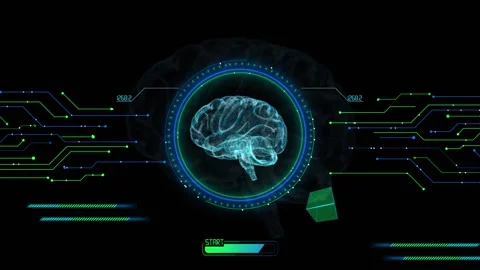 Neural brain interface analysis visual glowing scanner rings, data circuits, bla Stock Footage 340556221