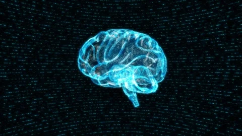 Neural brain matrix technology visual cyan transparent mind model, data wall tex Stock Footage 340566599