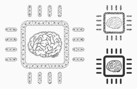 Neural Chip Vector Mesh 2D Model and Triangle Mosaic Icon 스톡 일러스트