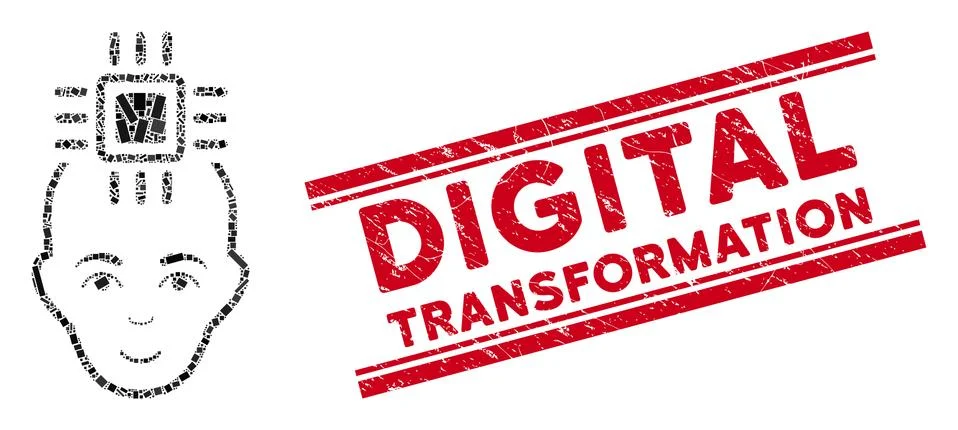 Neural Computer Interface Mosaic and Grunge Digital Transformation Stamp Seal Stock Illustration