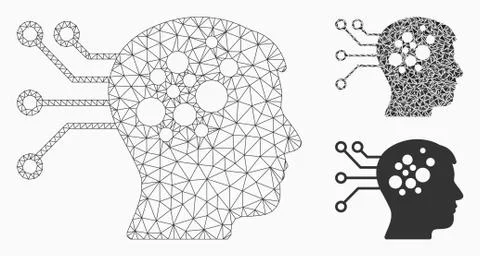 Neural Computer Links Vector Mesh Carcass Model and Triangle Mosaic Icon Stock Illustration