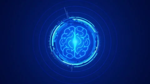Neural intelligence digital brain visual blue glowing mind symbol, HUD rings, fu Stock Footage 340566151
