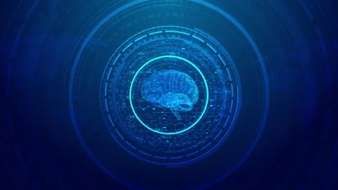 Neural intelligence interface visual blue brain model, data values, world grid b Stock Footage 340528508