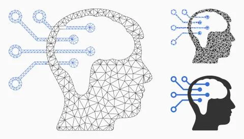 Neural Interface Circuit Vector Mesh Wire Frame Model and Triangle Mosaic Icon Stock Illustration