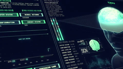 Neural Link between Brain and Computer. Monitor with ECG and EEG Brain Scan Stock Footage 201313809