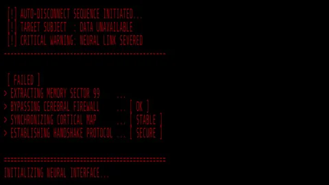 Neural link disconnect occurs as the red computer terminal displays data errors. Stock Footage 337200999