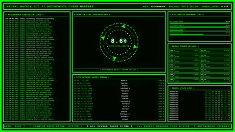 Neural Matrix Autonomous Cyber Warfare Green Hacker Dashboard. Stock Footage 346739785