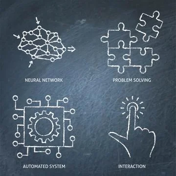 Neural network and automated systems chalkboard icon set Stockillustratie