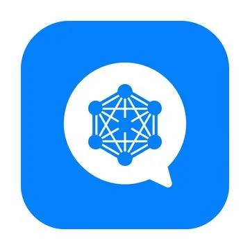 Neural network and node connectivity bubble icon in bright blue for AI comm.. 库存插图