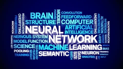 Neural Network animated word cloud,animation kinetic typography seamless loop. Stock Footage 308370037