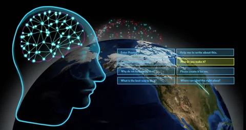 Neural network animation over Earth with text prompts about creating content Stock Footage 305431617