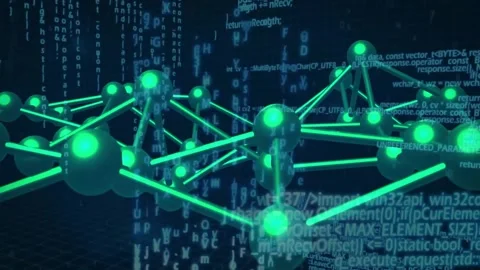 Neural network animation showing binary code and programming text in background Stock Footage 330114633