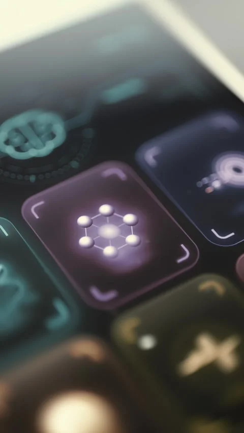 Neural Network App Grid on Futuristic Mobile Device Stock Footage 341865612
