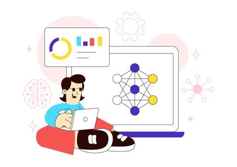 Neural Network Architecture Vector Illustration Featuring People Analyzing .. Stockillustratie