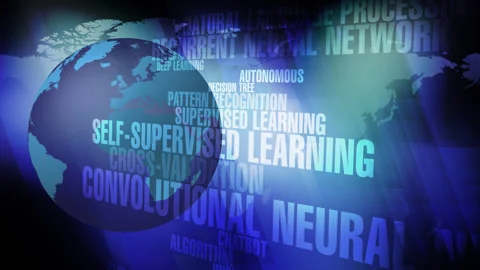 Neural network artificial intelligence and world map exploring intersection Stock Footage 270661082