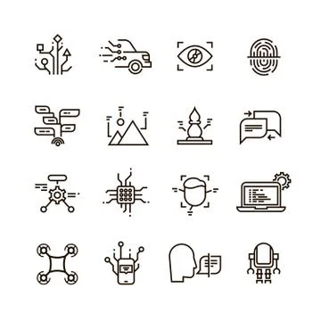 Neural network, artificial intelligence line vector icons. Face, speech and 스톡 일러스트