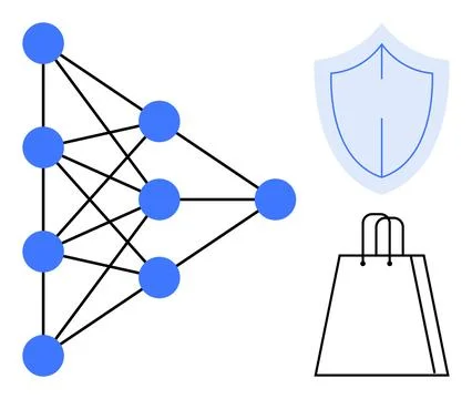 Neural network with blue nodes and edges, security shield, and shopping bag r イラスト素材