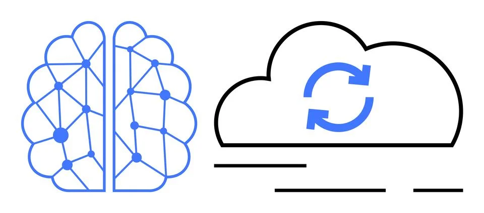 Neural Network Brain and Cloud Sync for AI and Data Exchange Illustrazione stock