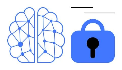 Neural Network Brain and Lock Symbolizing Cybersecurity and Machine Learning Illustrazione stock