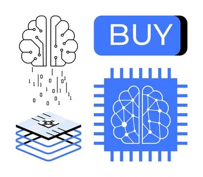 Neural network brain with binary code, microchip, layered data processor, and 스톡 일러스트