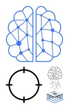 Neural network brain connected by nodes, data layers, target symbol. Ideal fo イラスト素材