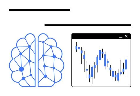 Neural network brain icon connected to a financial stock market candle chart  Illustrazione stock