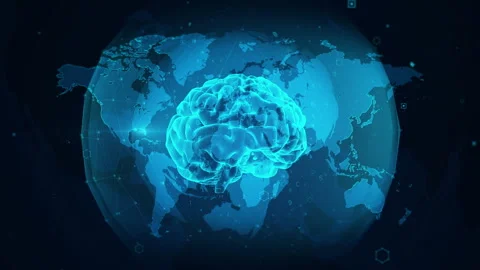 Neural Network Brain Over Digital Blue World Map with Futuristic Theme 库存影片 343720392
