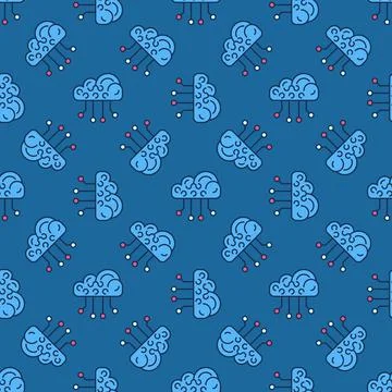Neural Network Cloud Technology vector colored seamless pattern Stock Illustration